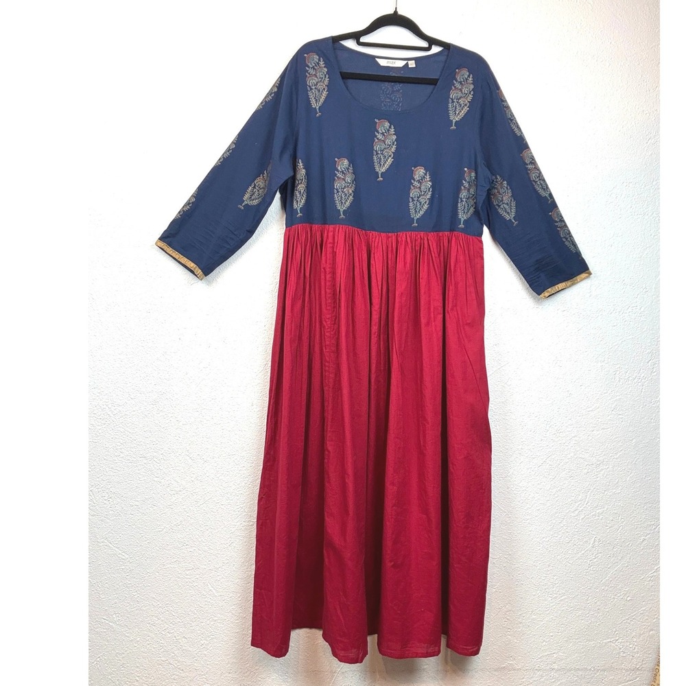 Max Blue Red Block Print Maxi Dress - L - Cotton Boho Ethnic Artisan